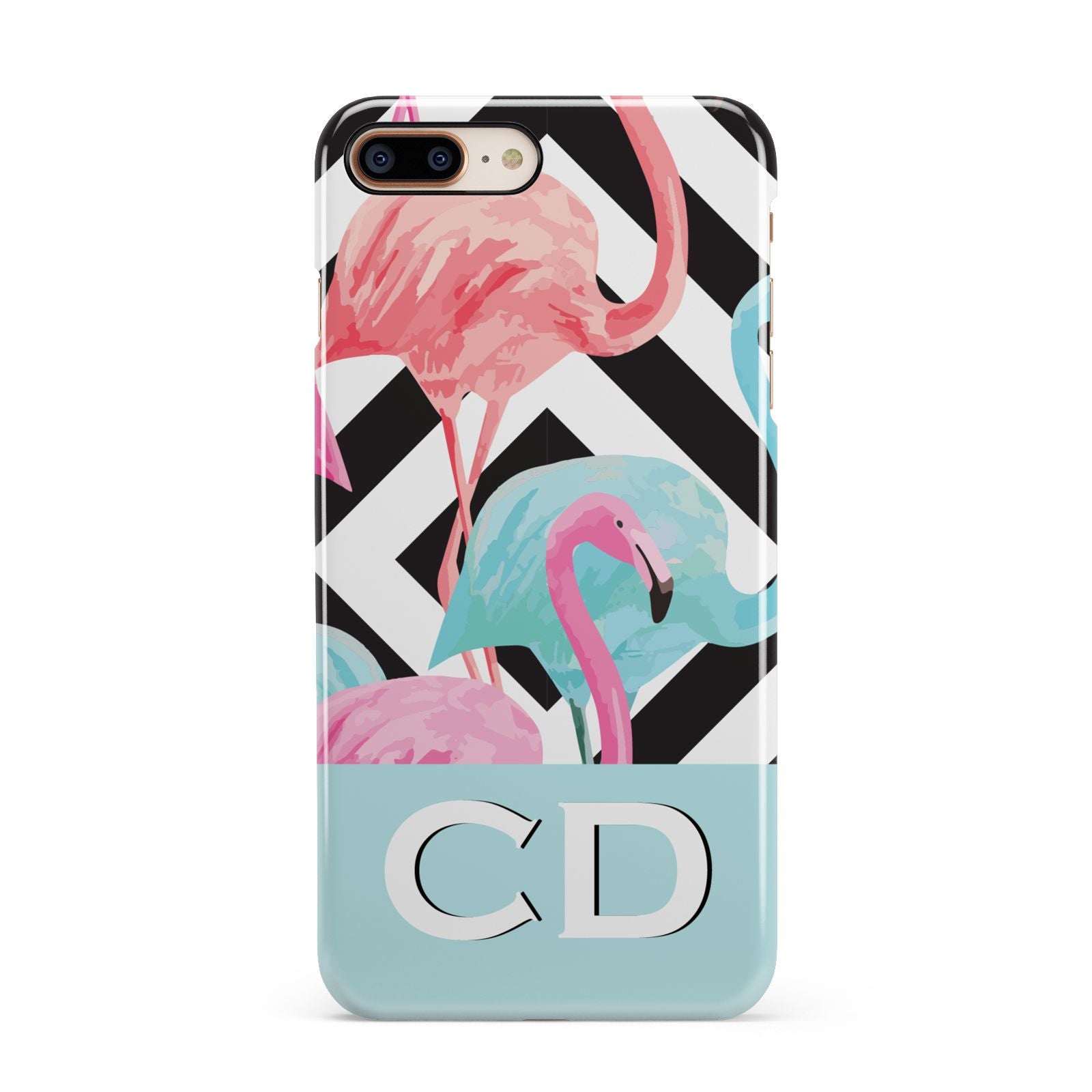 Blue Pink Flamingos iPhone 8 Plus 3D Snap Case on Gold Phone