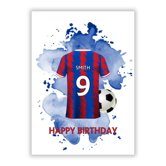 Blue Red Personalised Football Shirt A5 Flat Greetings Card