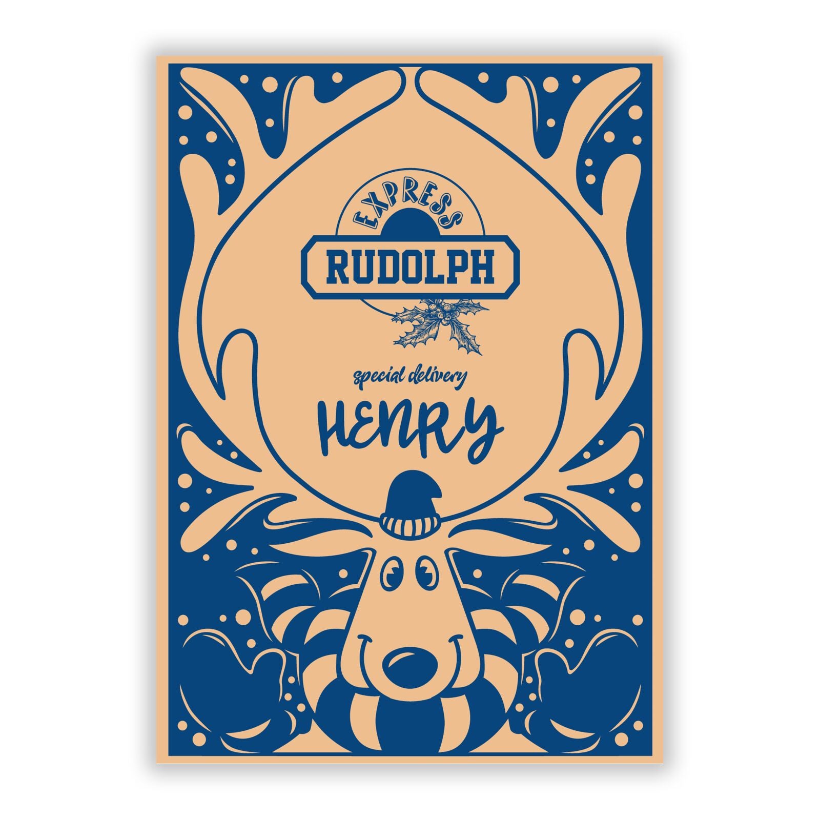 Blue Reindeer Personalised A5 Flat Greetings Card