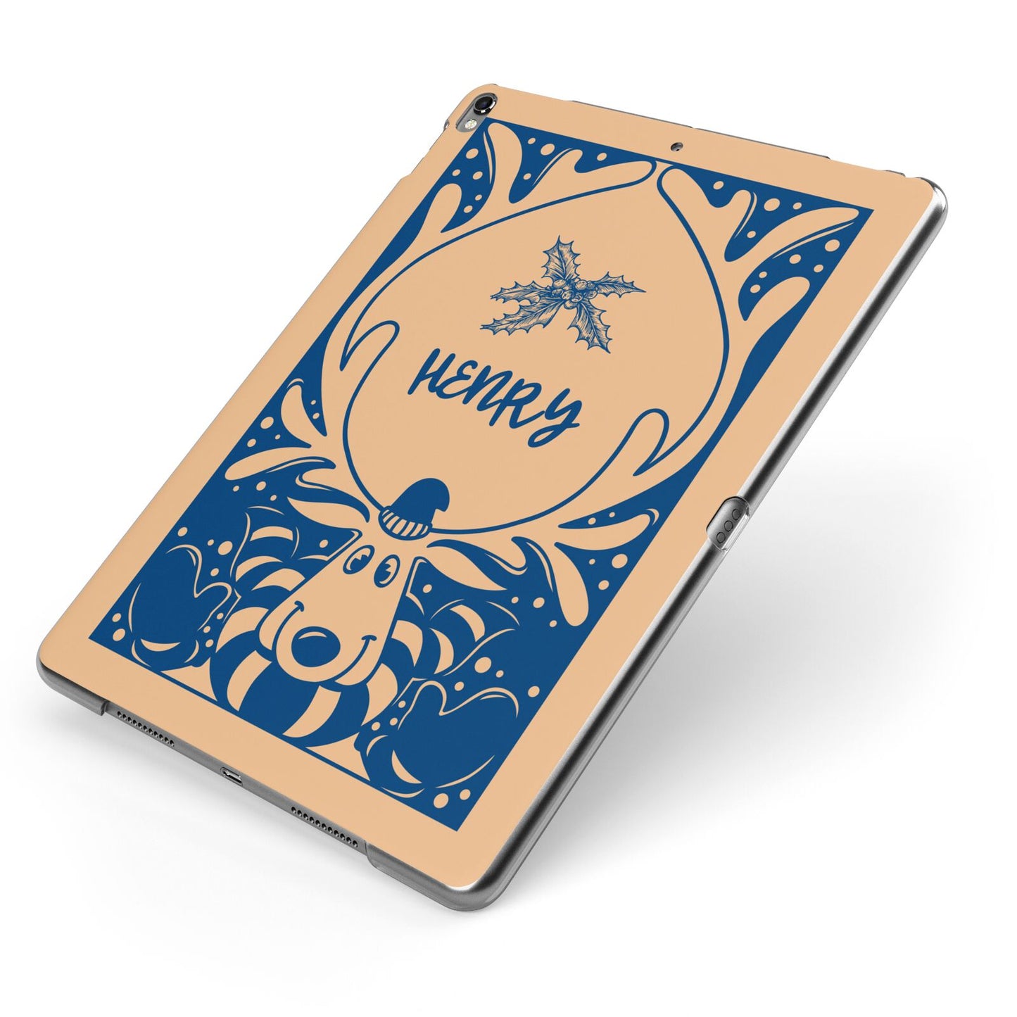Blue Reindeer Personalised Apple iPad Case on Grey iPad Side View