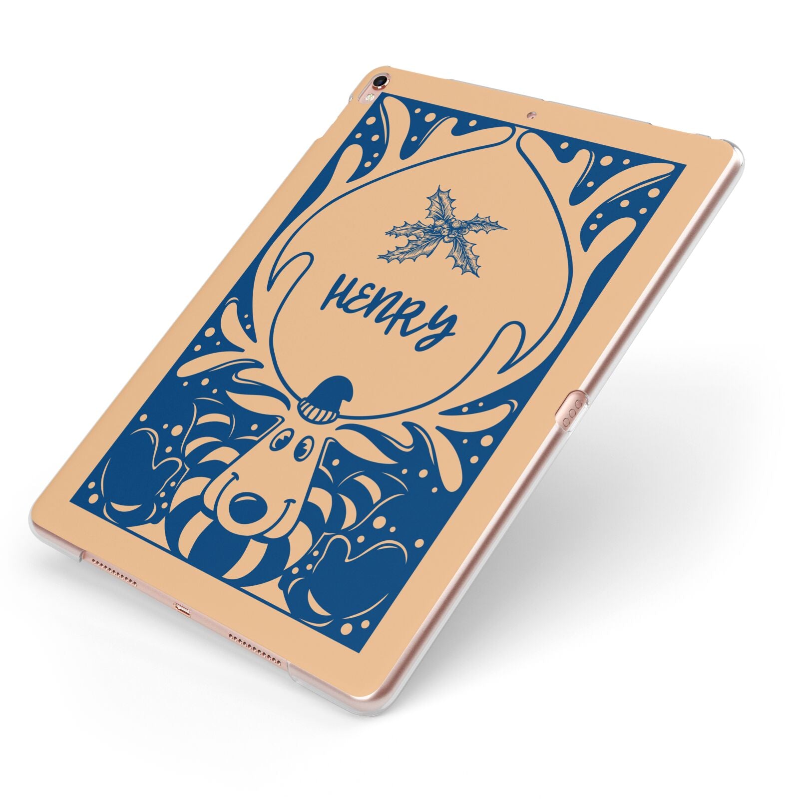 Blue Reindeer Personalised Apple iPad Case on Rose Gold iPad Side View