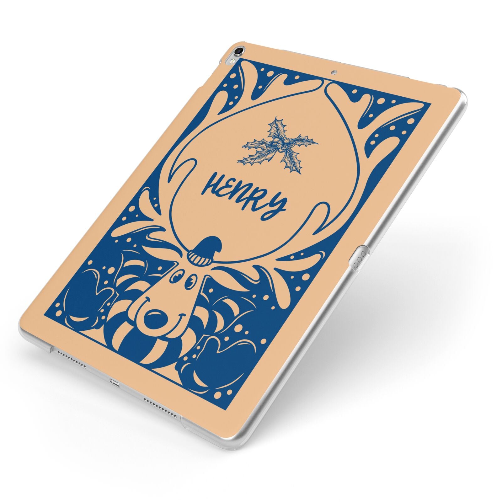 Blue Reindeer Personalised Apple iPad Case on Silver iPad Side View