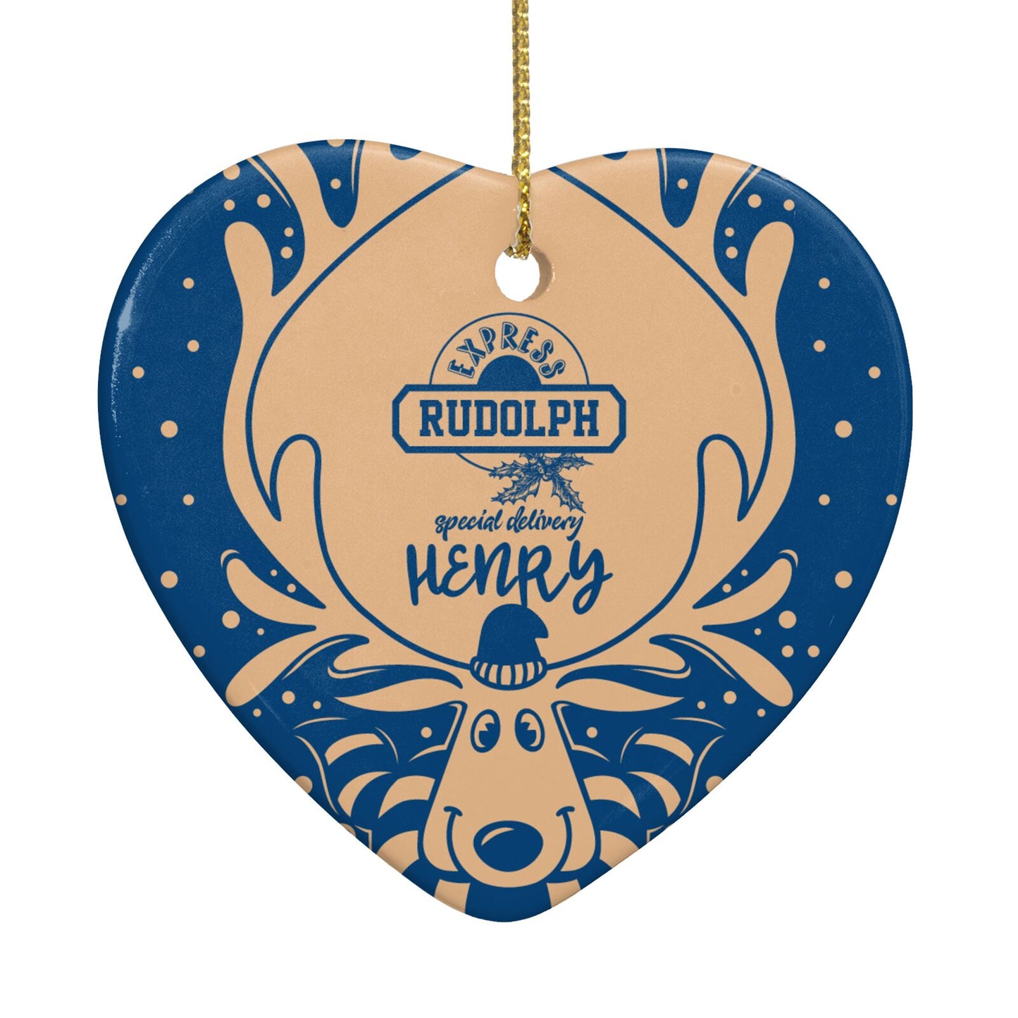Blue Reindeer Personalised Heart Decoration Back Image