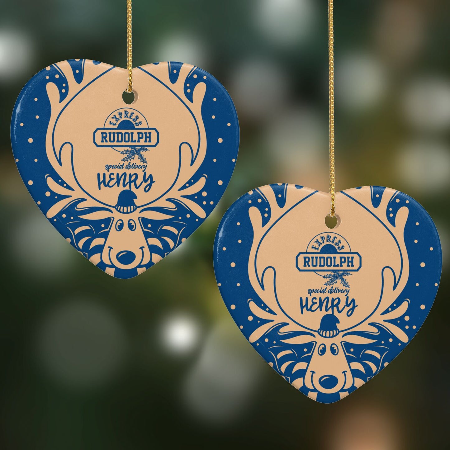 Blue Reindeer Personalised Heart Decoration on Christmas Background
