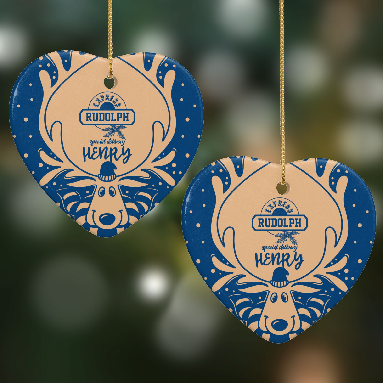 Blue Reindeer Personalised Heart Decoration on Christmas Background