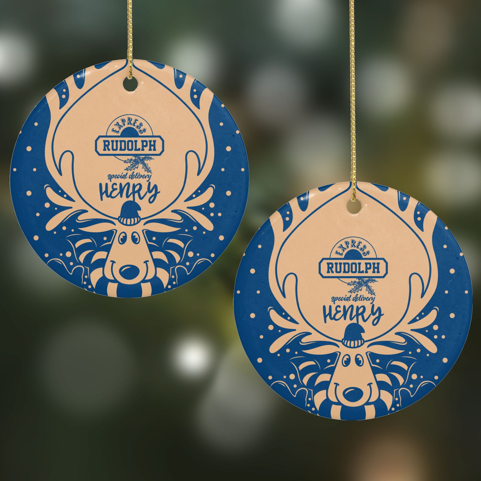 Blue Reindeer Personalised Round Decoration on Christmas Background