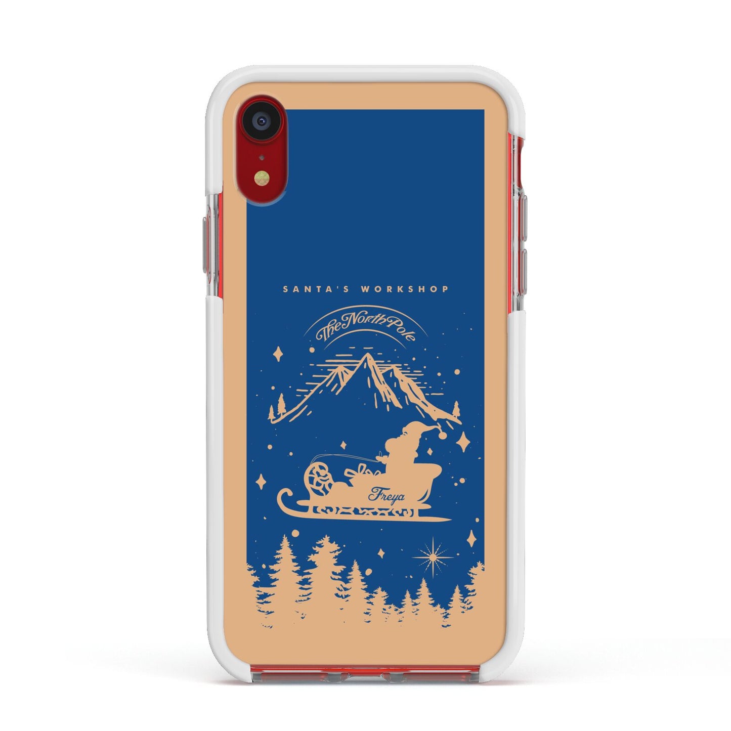 Blue Santas Sleigh Personalised Apple iPhone XR Impact Case White Edge on Red Phone