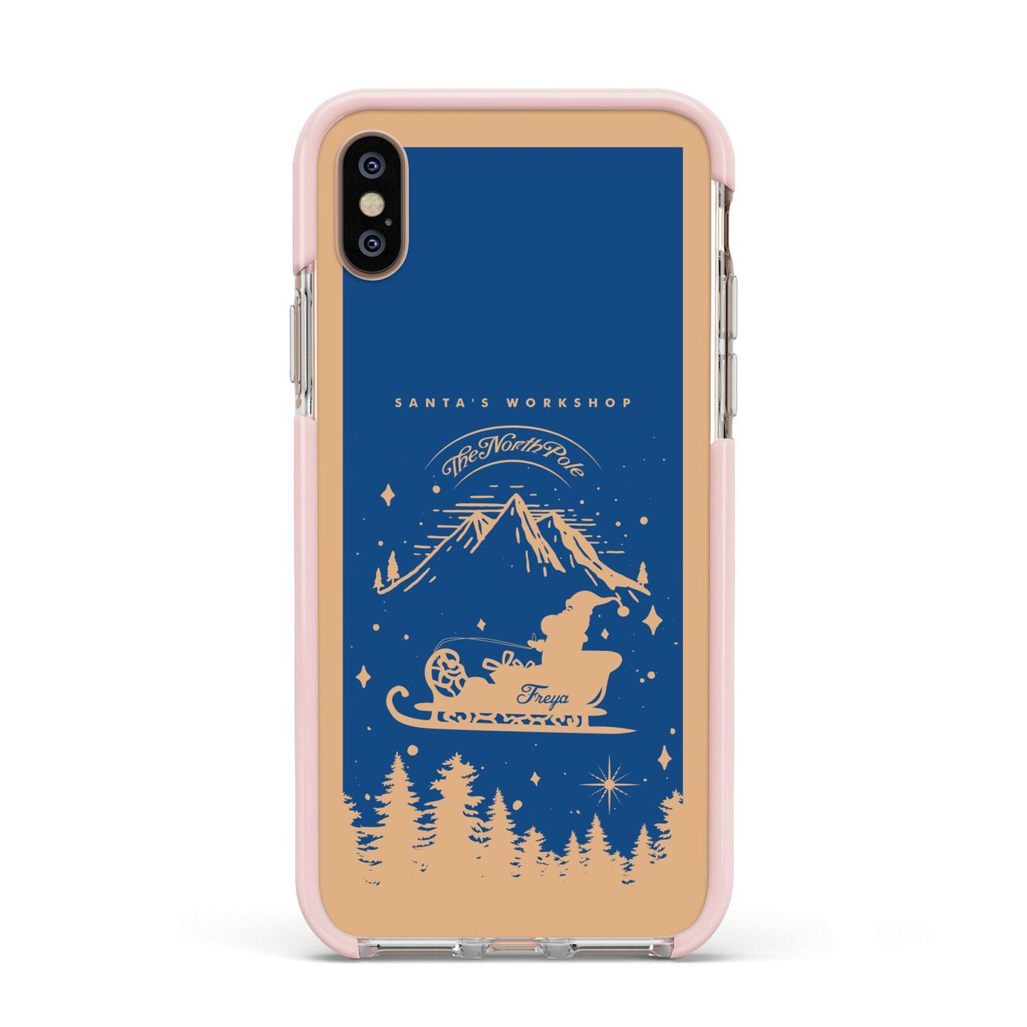 Blue Santas Sleigh Personalised Apple iPhone Xs Impact Case Pink Edge on Gold Phone