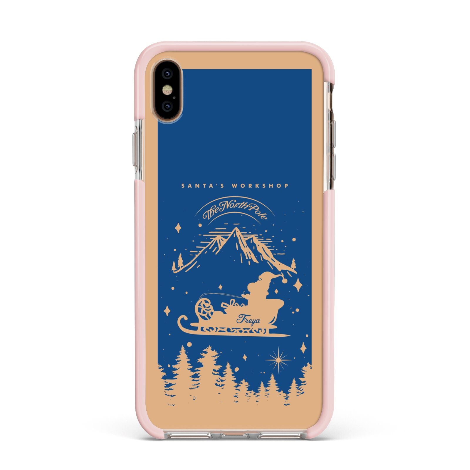 Blue Santas Sleigh Personalised Apple iPhone Xs Max Impact Case Pink Edge on Gold Phone