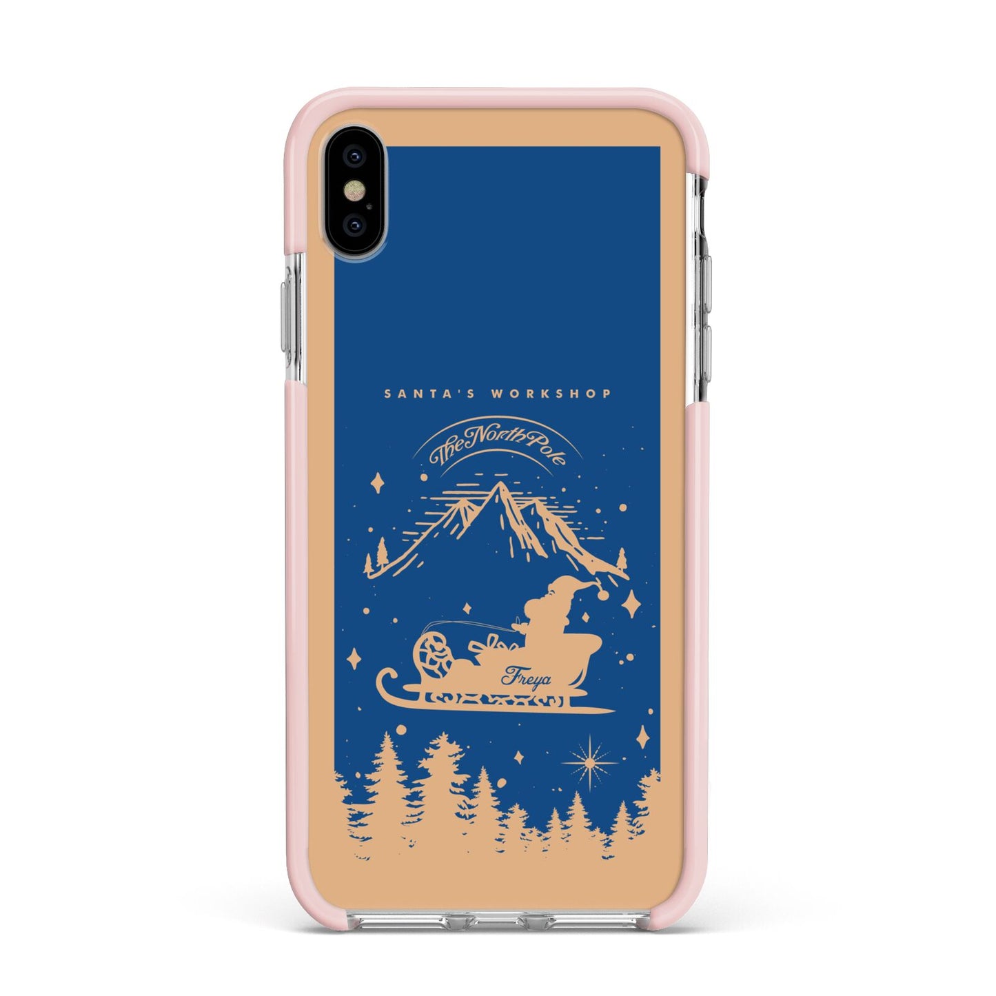 Blue Santas Sleigh Personalised Apple iPhone Xs Max Impact Case Pink Edge on Silver Phone