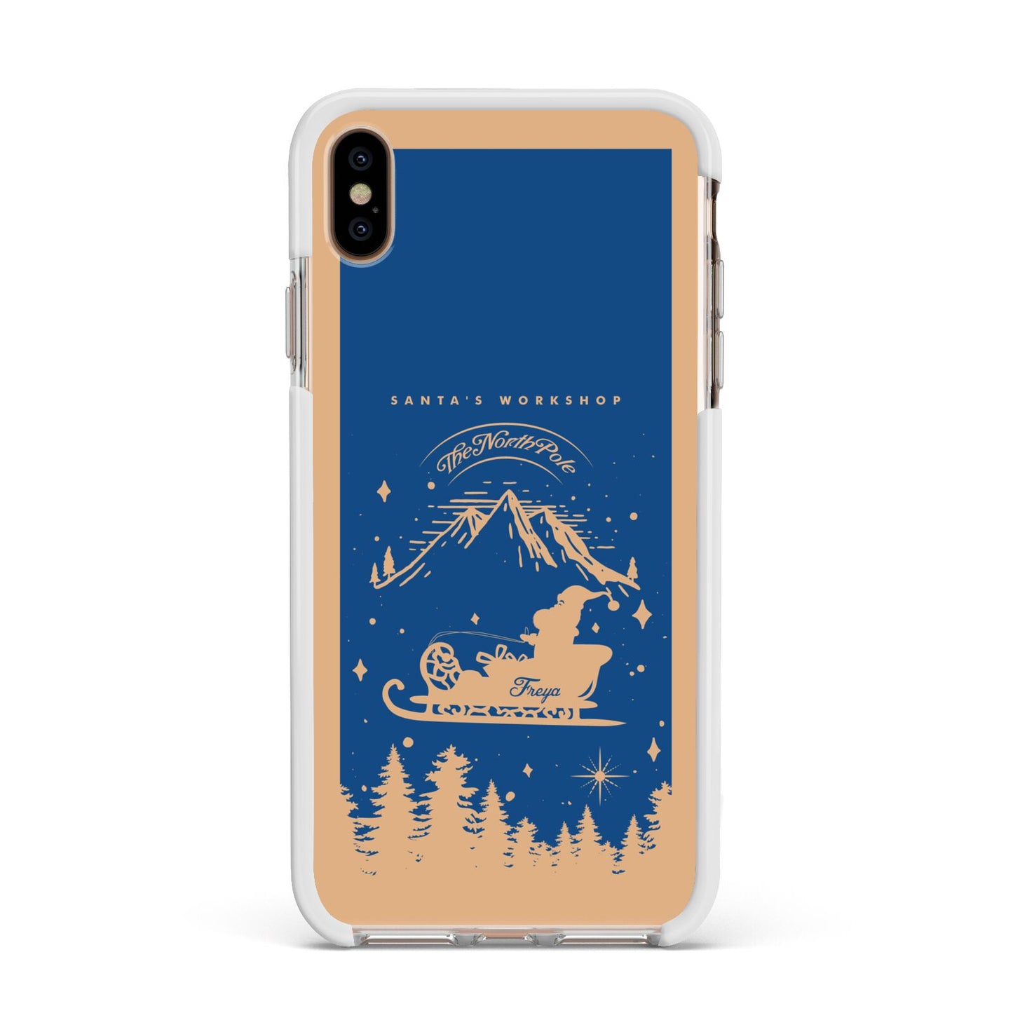 Blue Santas Sleigh Personalised Apple iPhone Xs Max Impact Case White Edge on Gold Phone
