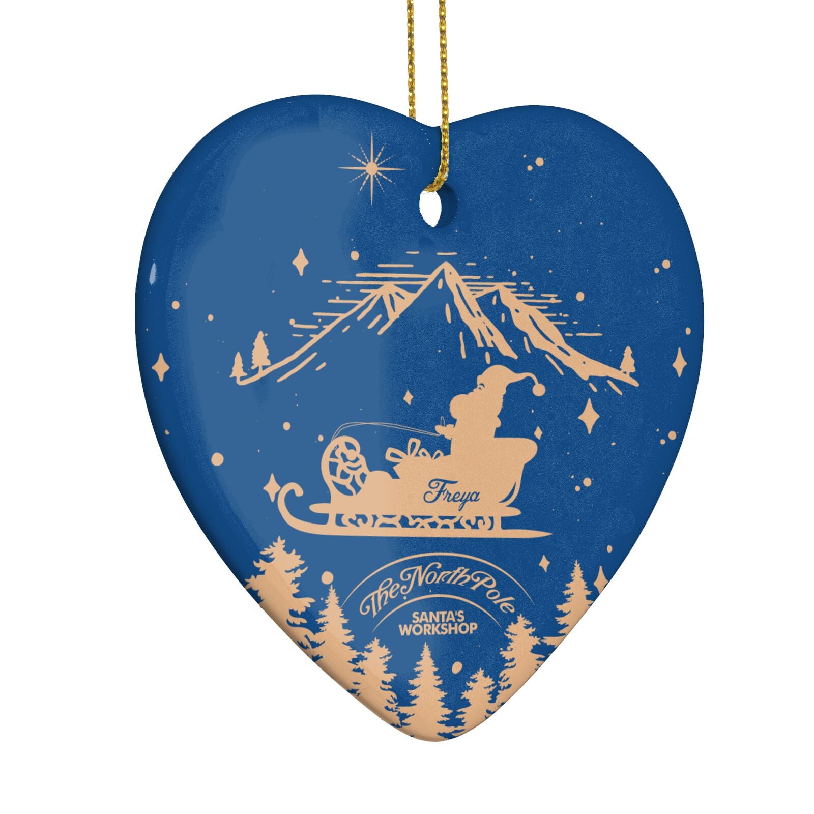 Blue Santas Sleigh Personalised Heart Decoration Side Angle