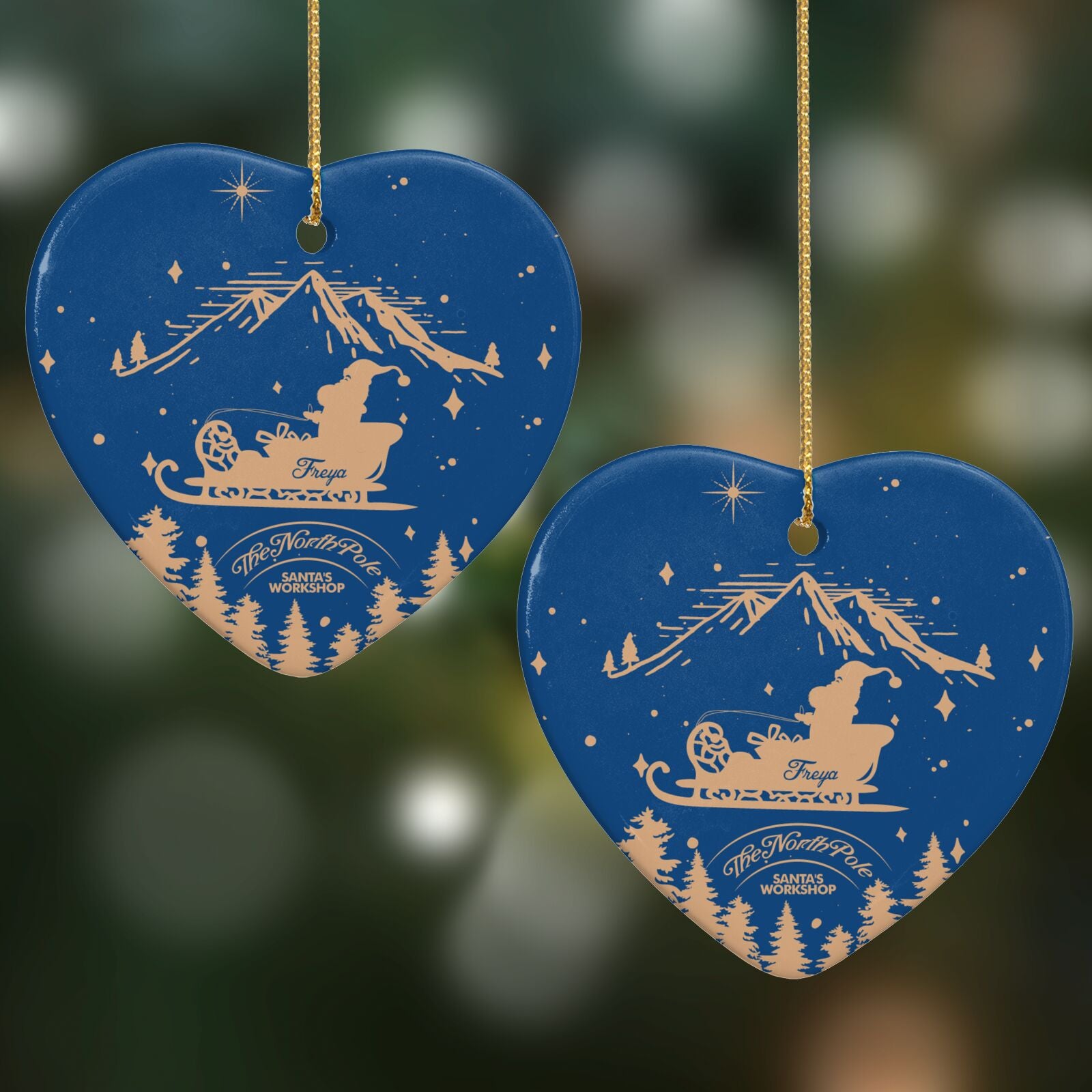 Blue Santas Sleigh Personalised Heart Decoration on Christmas Background