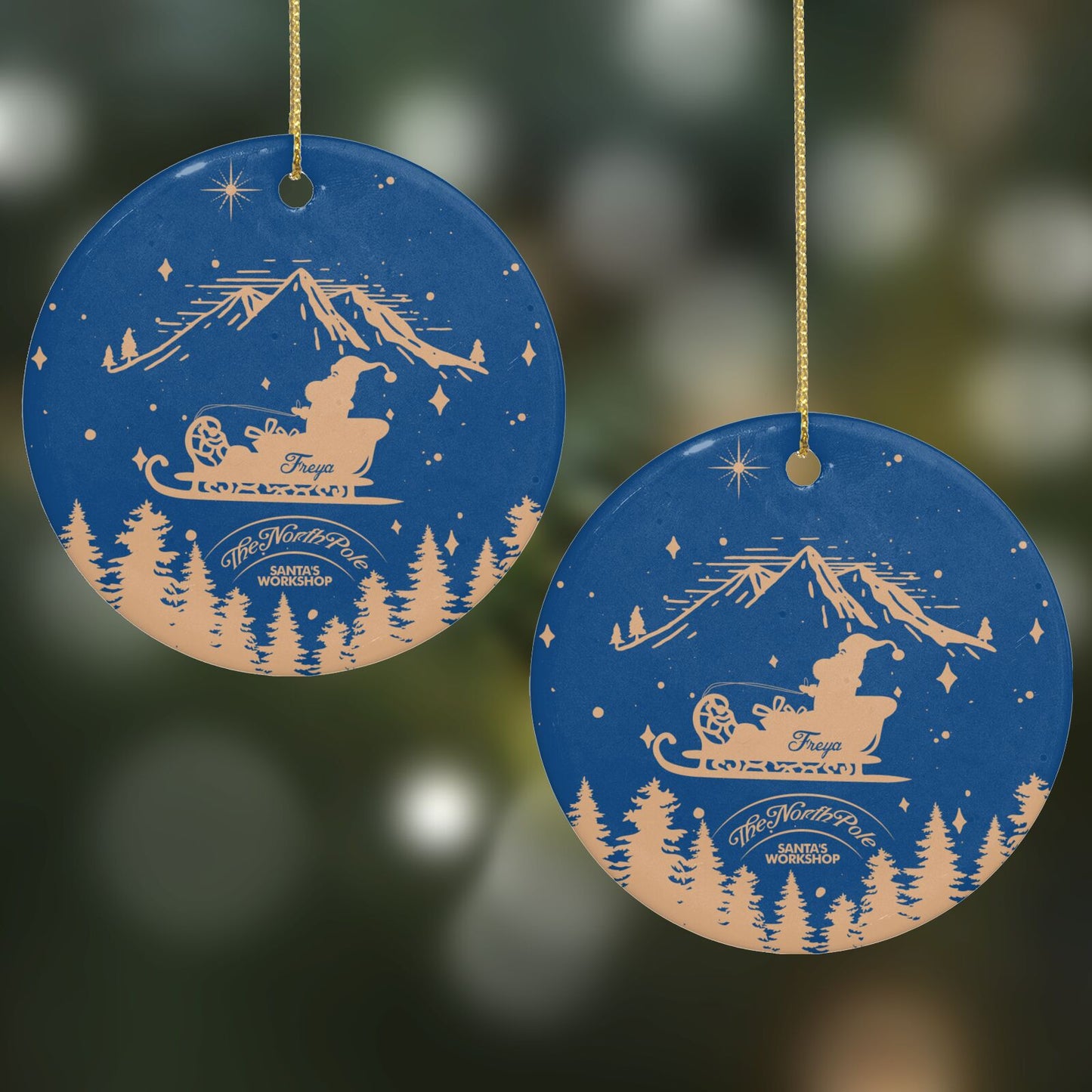 Blue Santas Sleigh Personalised Round Decoration on Christmas Background