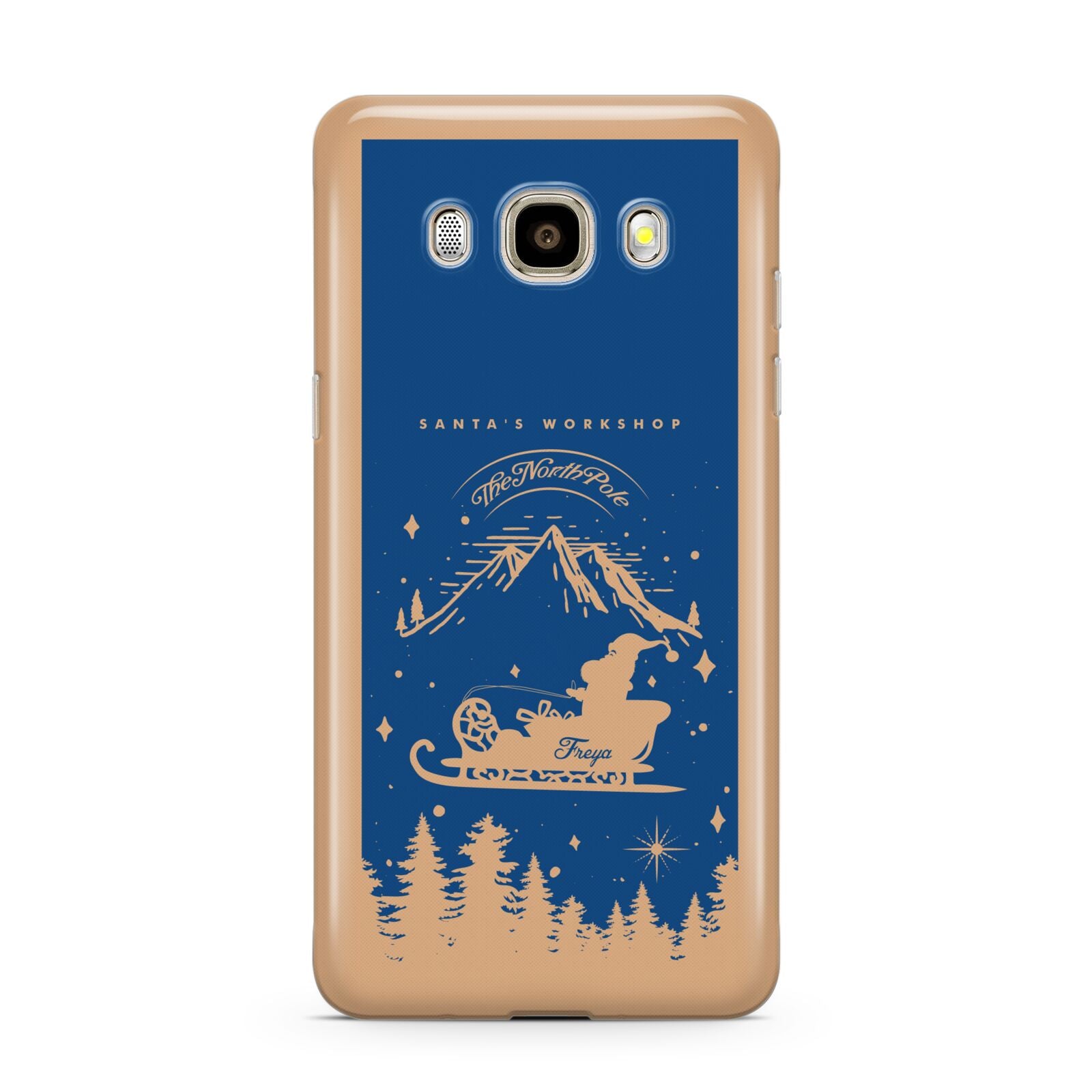 Blue Santas Sleigh Personalised Samsung Galaxy J7 2016 Case on gold phone