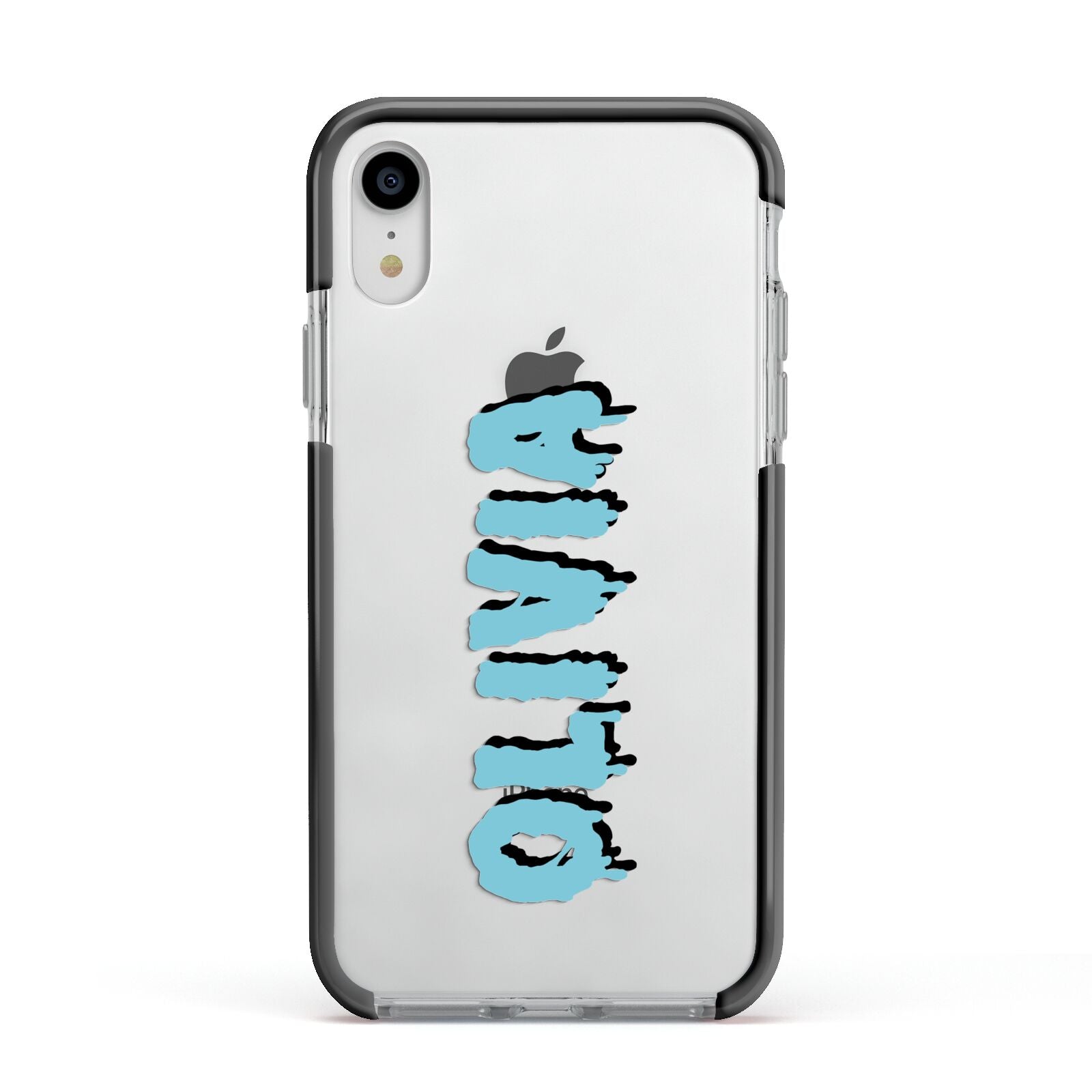 Blue Slime Text Apple iPhone XR Impact Case Black Edge on Silver Phone