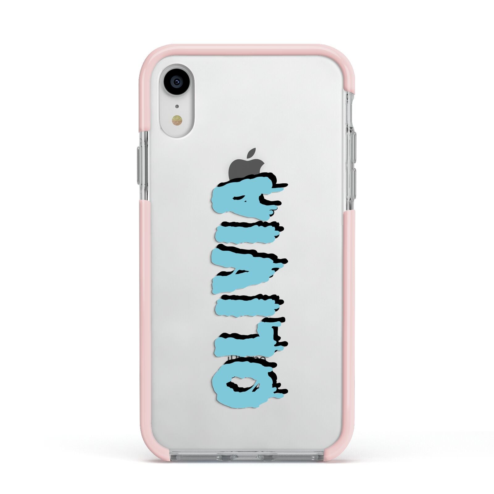 Blue Slime Text Apple iPhone XR Impact Case Pink Edge on Silver Phone