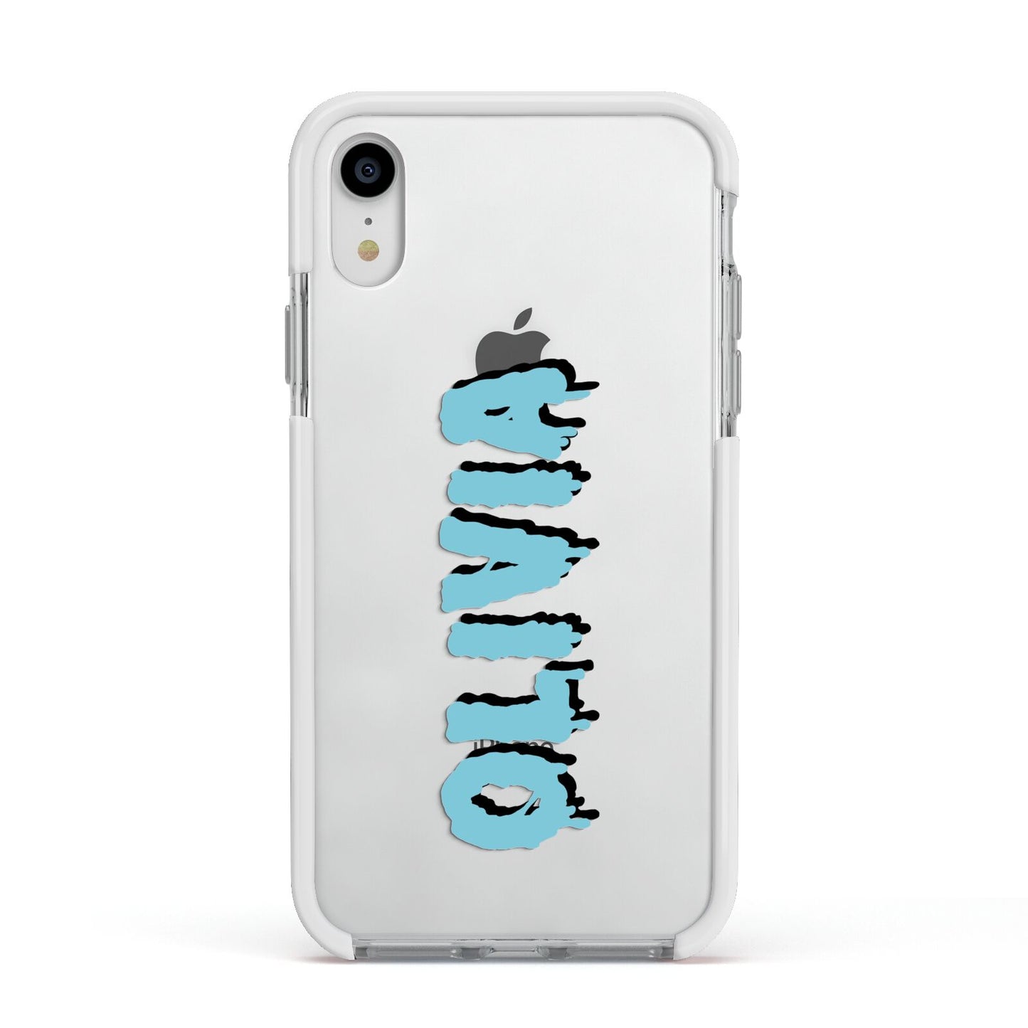 Blue Slime Text Apple iPhone XR Impact Case White Edge on Silver Phone