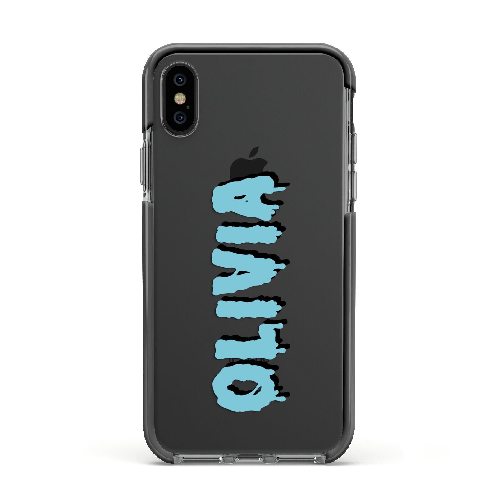 Blue Slime Text Apple iPhone Xs Impact Case Black Edge on Black Phone