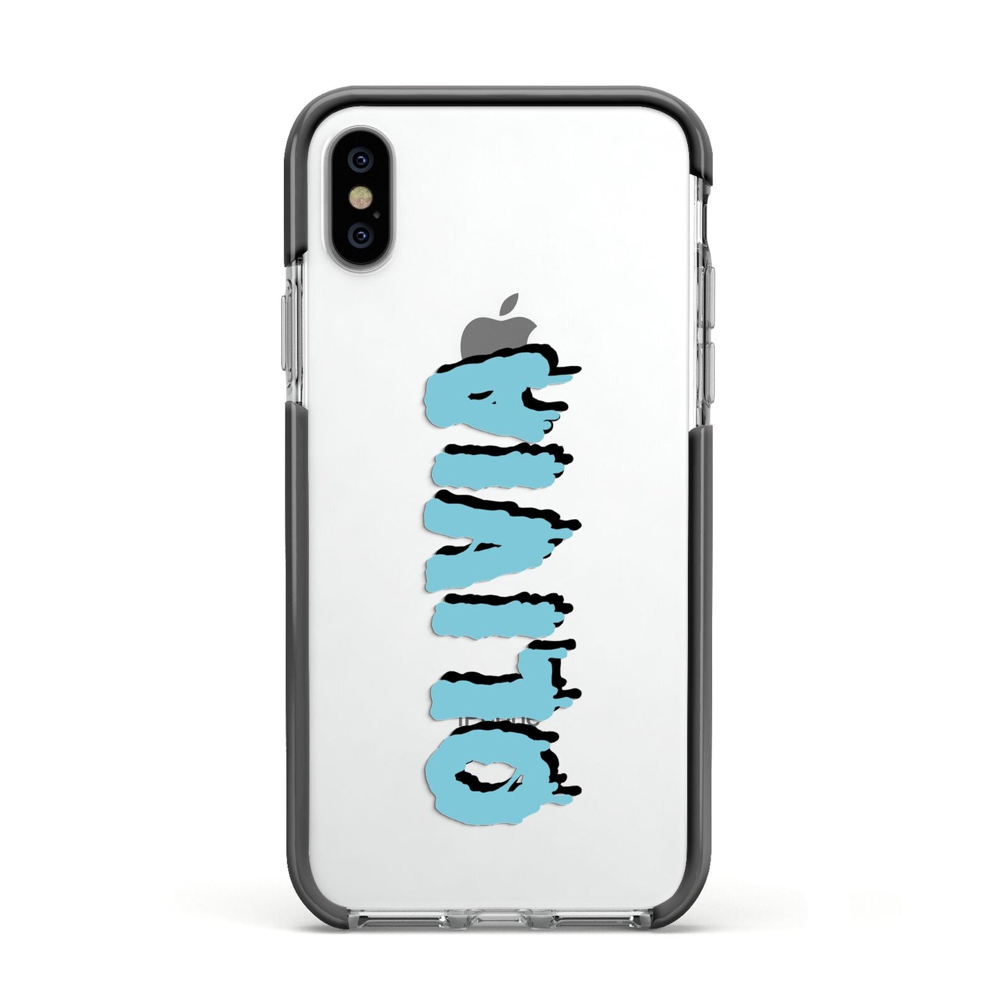 Blue Slime Text Apple iPhone Xs Impact Case Black Edge on Silver Phone