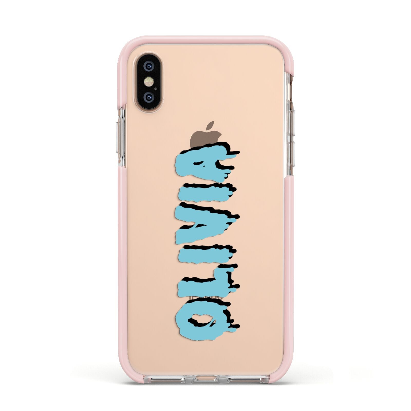 Blue Slime Text Apple iPhone Xs Impact Case Pink Edge on Gold Phone