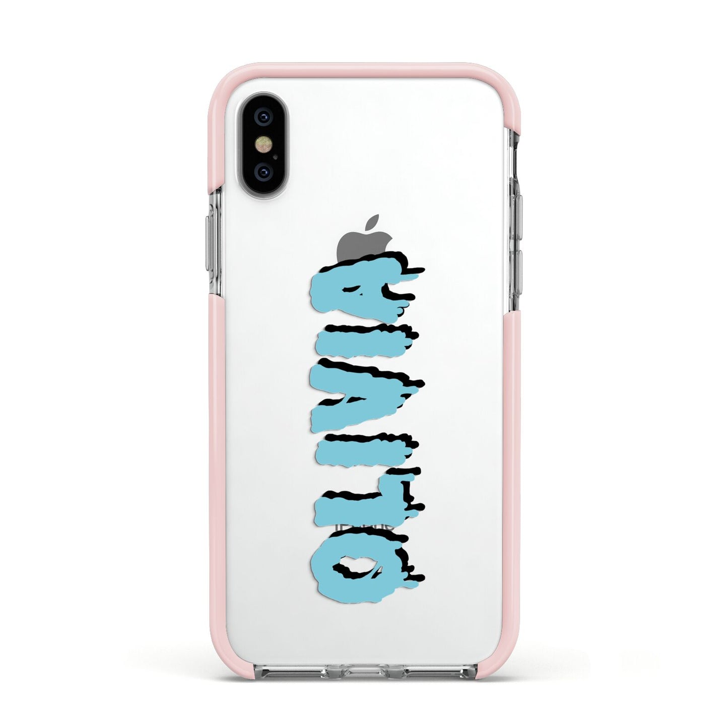 Blue Slime Text Apple iPhone Xs Impact Case Pink Edge on Silver Phone