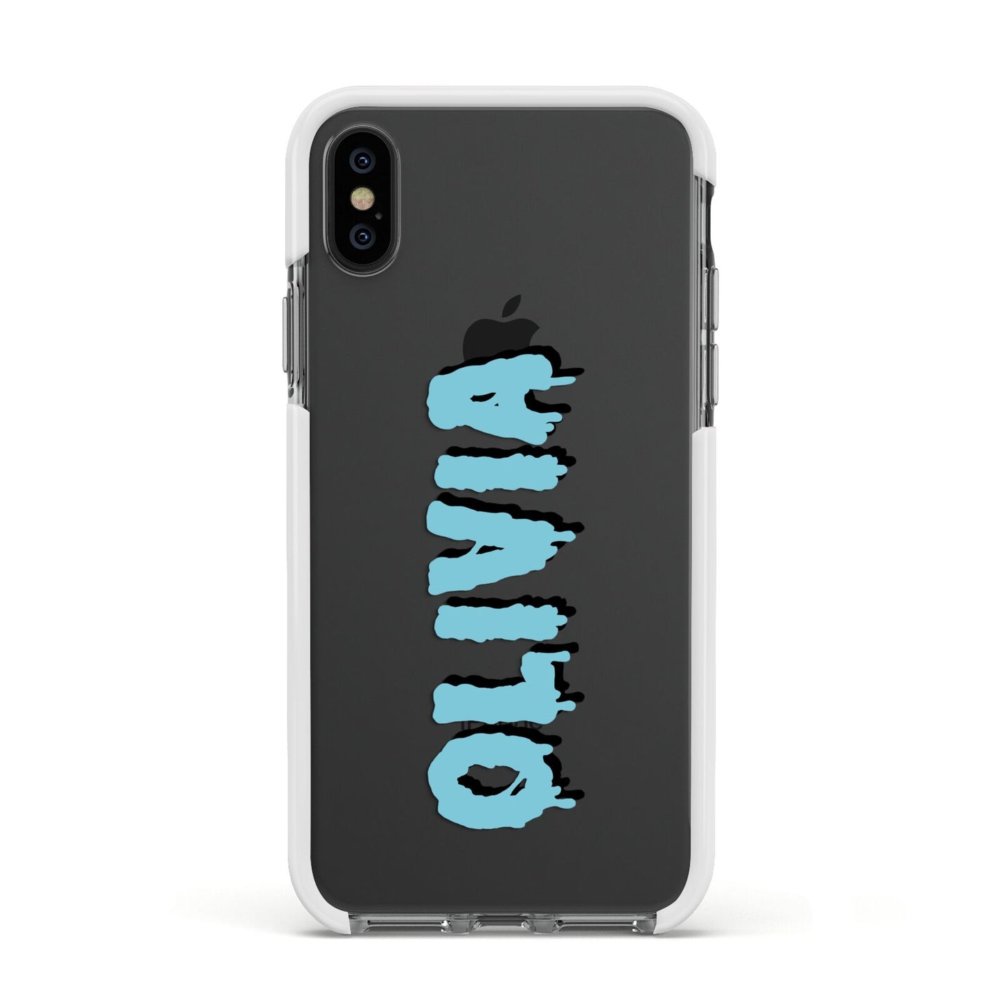 Blue Slime Text Apple iPhone Xs Impact Case White Edge on Black Phone