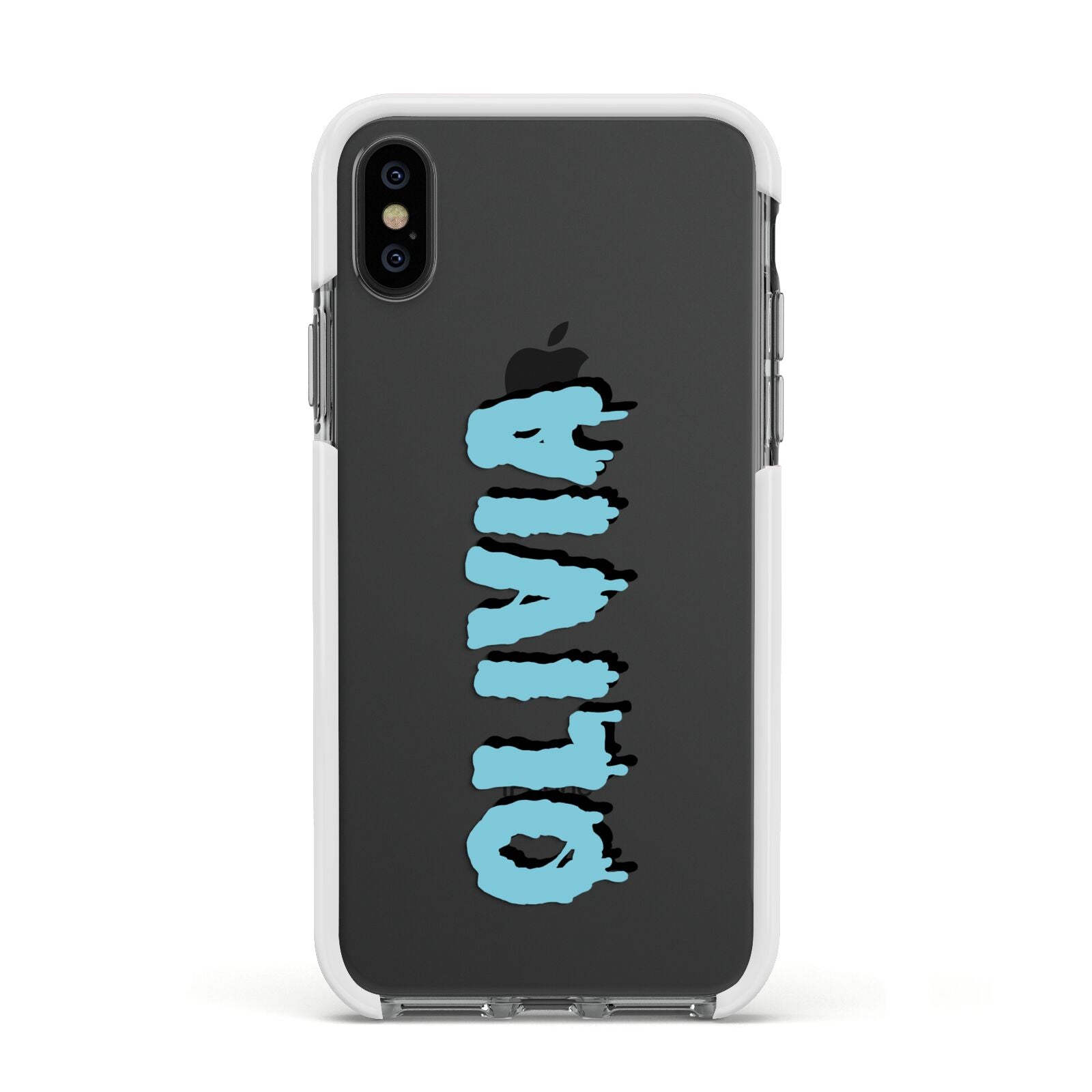 Blue Slime Text Apple iPhone Xs Impact Case White Edge on Black Phone