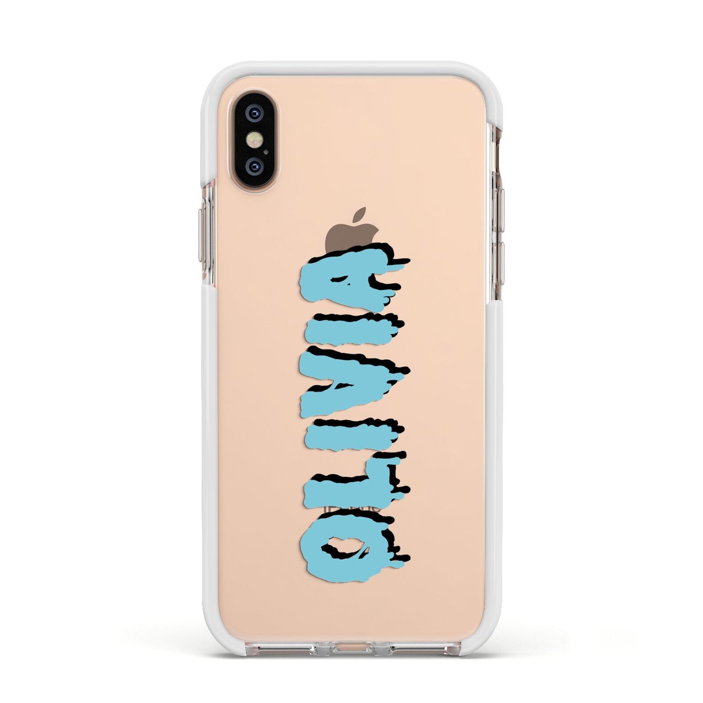 Blue Slime Text Apple iPhone Xs Impact Case White Edge on Gold Phone