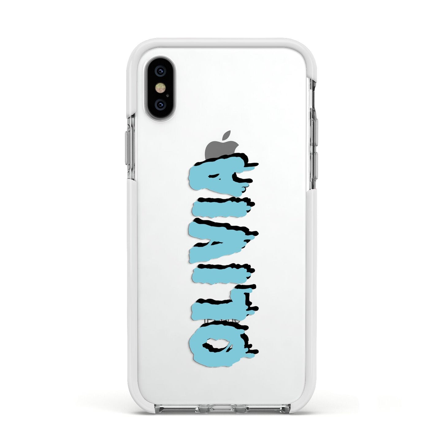 Blue Slime Text Apple iPhone Xs Impact Case White Edge on Silver Phone