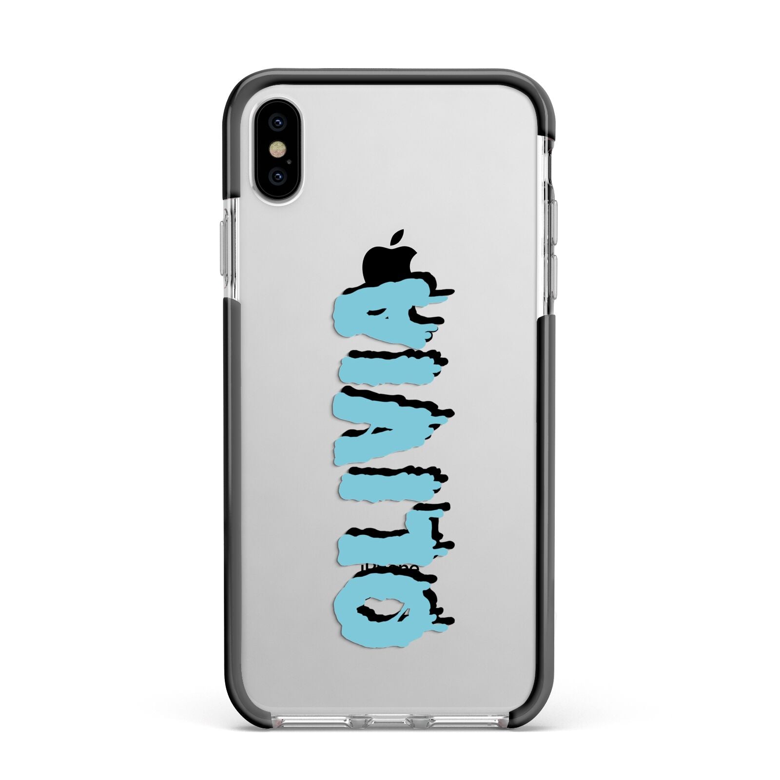 Blue Slime Text Apple iPhone Xs Max Impact Case Black Edge on Silver Phone