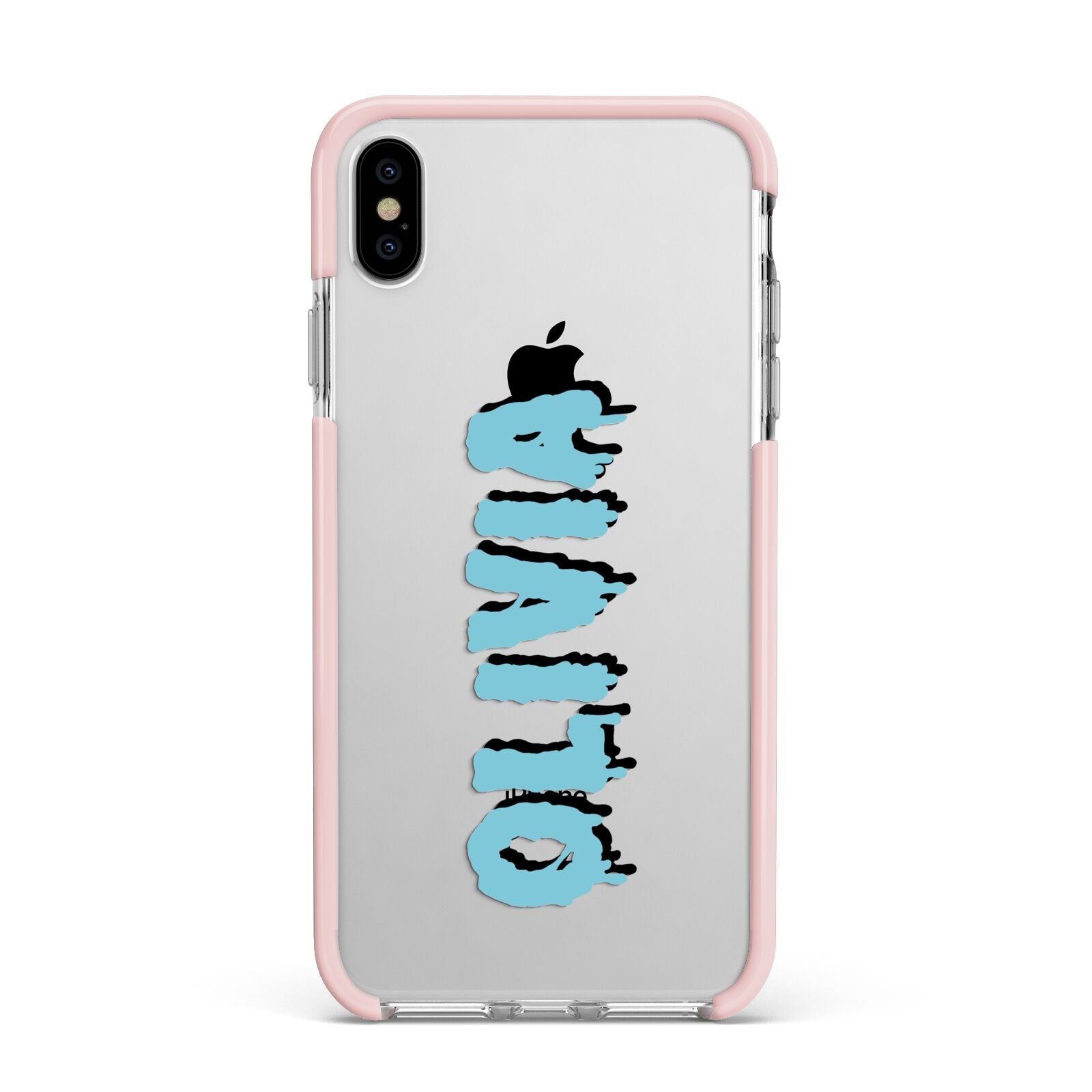 Blue Slime Text Apple iPhone Xs Max Impact Case Pink Edge on Silver Phone