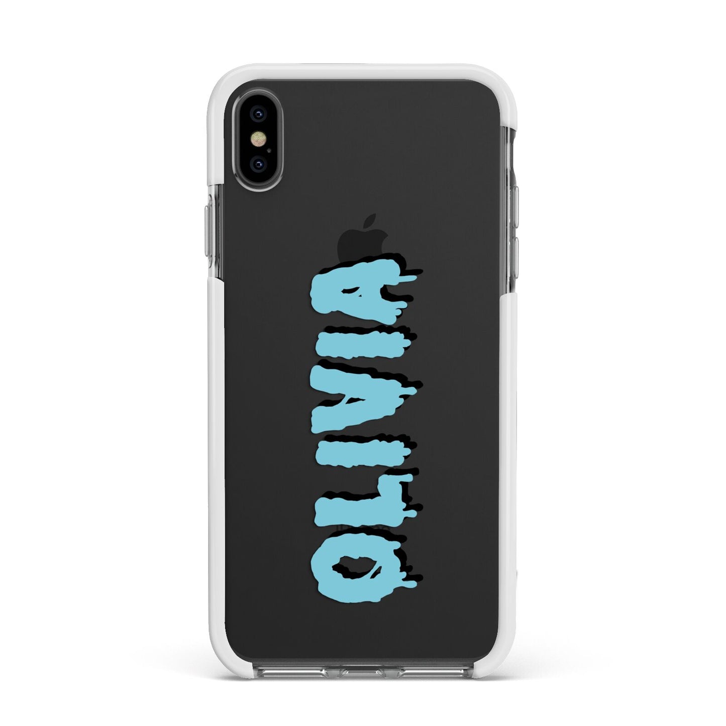Blue Slime Text Apple iPhone Xs Max Impact Case White Edge on Black Phone