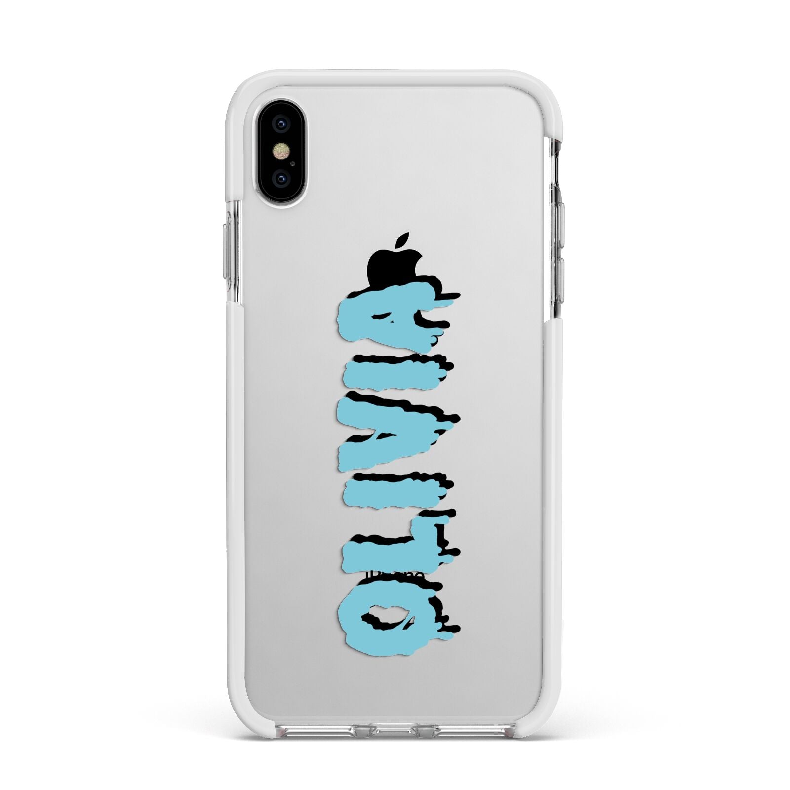 Blue Slime Text Apple iPhone Xs Max Impact Case White Edge on Silver Phone