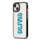 Blue Slime Text iPhone 13 Black Impact Case Side Angle on Silver phone