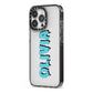 Blue Slime Text iPhone 13 Pro Black Impact Case Side Angle on Silver phone