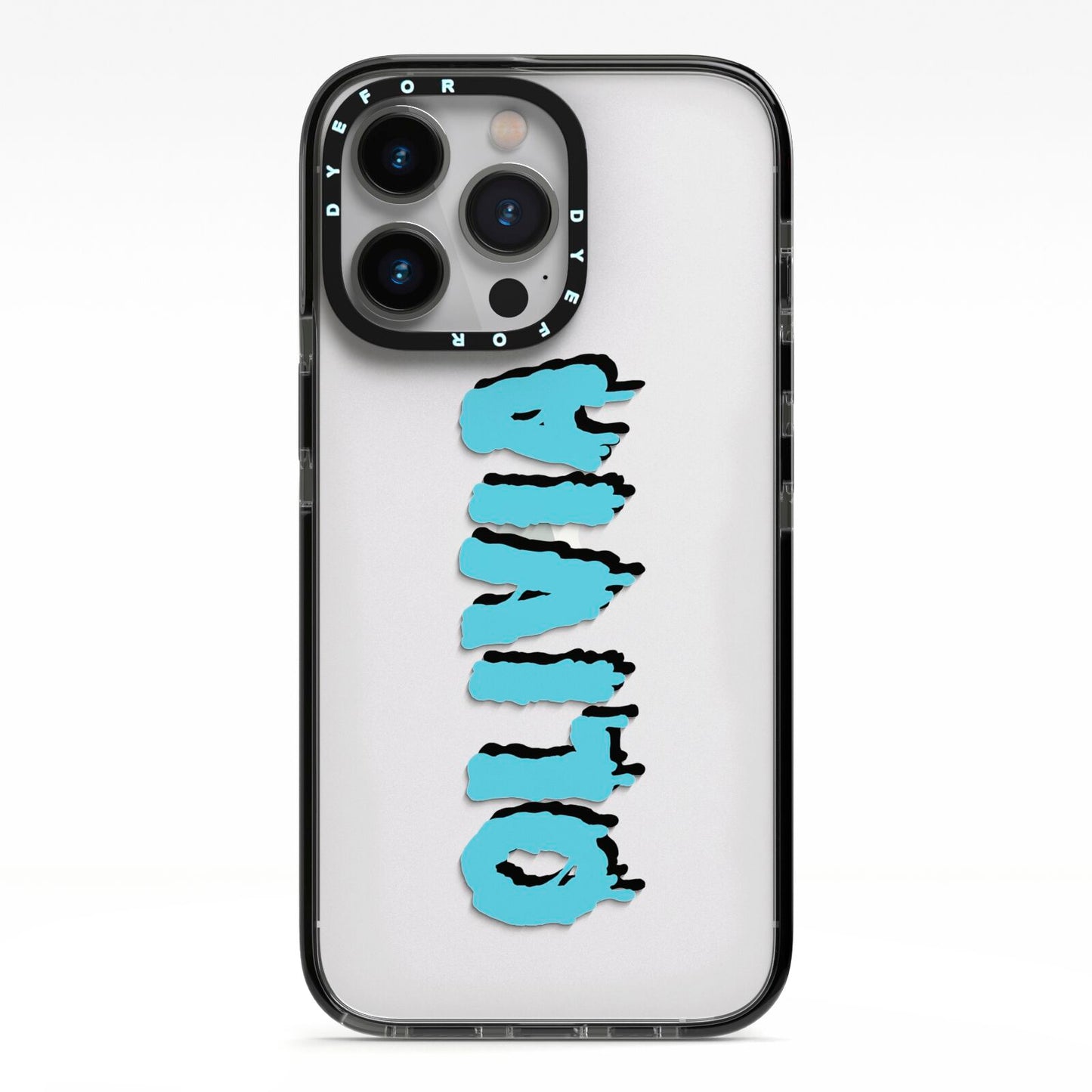 Blue Slime Text iPhone 13 Pro Black Impact Case on Silver phone