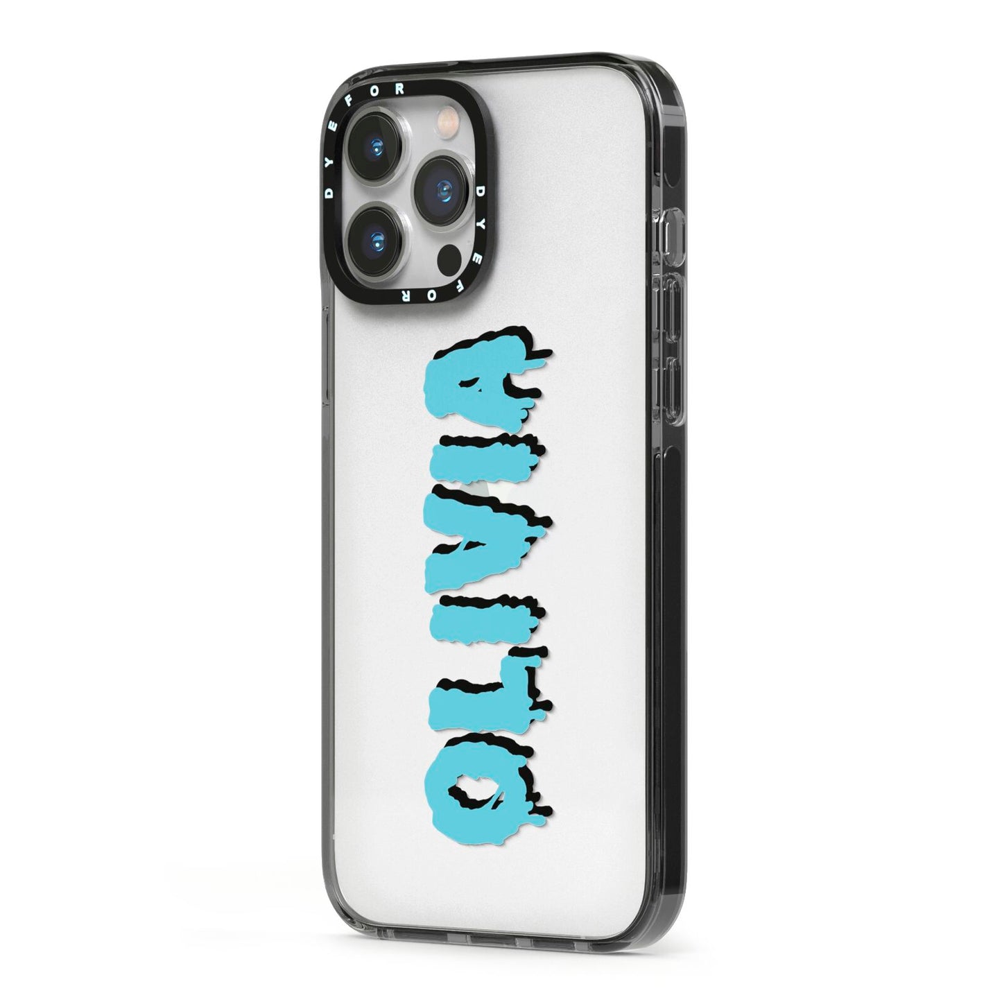 Blue Slime Text iPhone 13 Pro Max Black Impact Case Side Angle on Silver phone