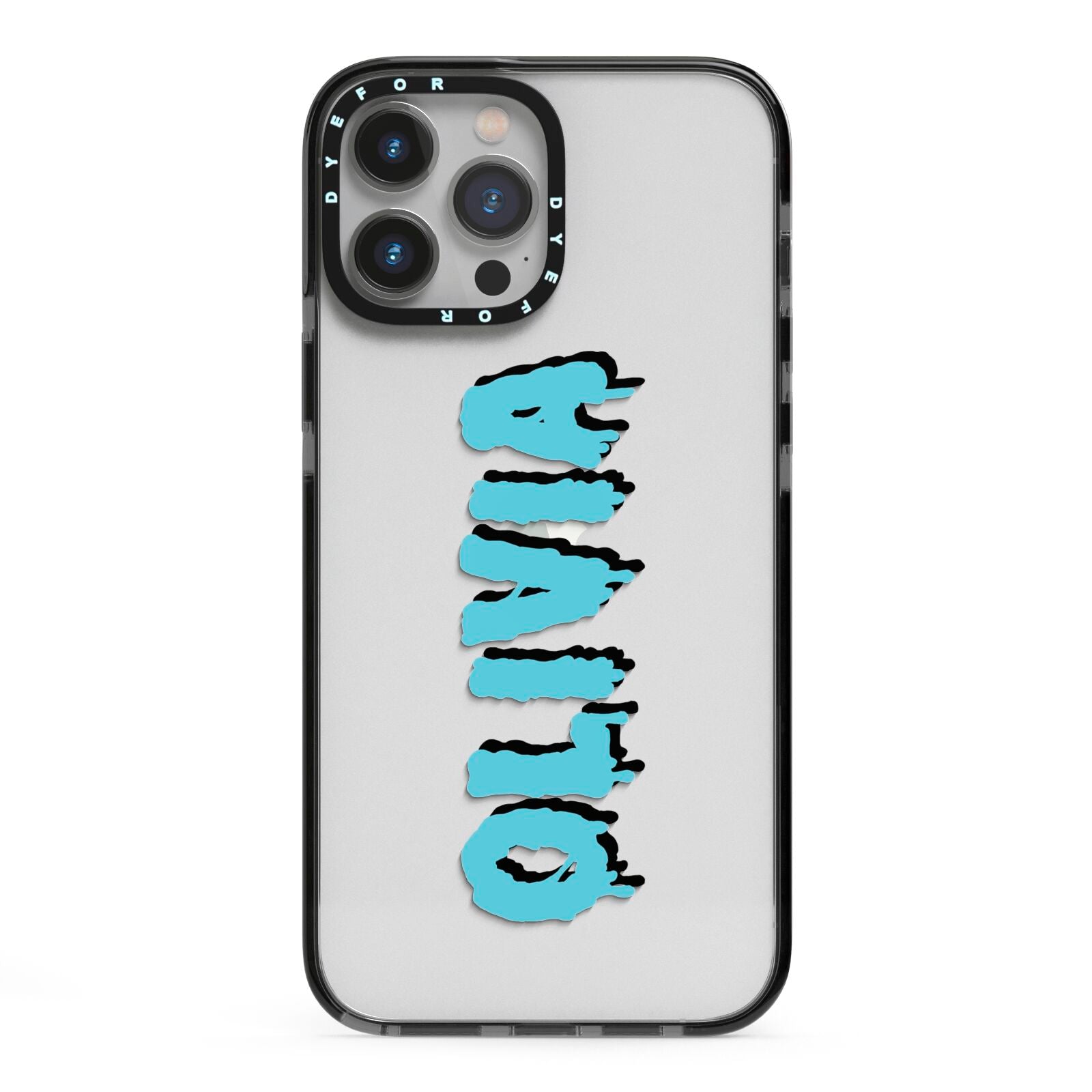 Blue Slime Text iPhone 13 Pro Max Black Impact Case on Silver phone