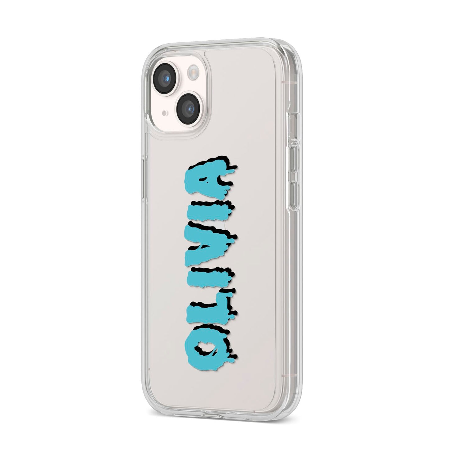 Blue Slime Text iPhone 14 Clear Tough Case Starlight Angled Image