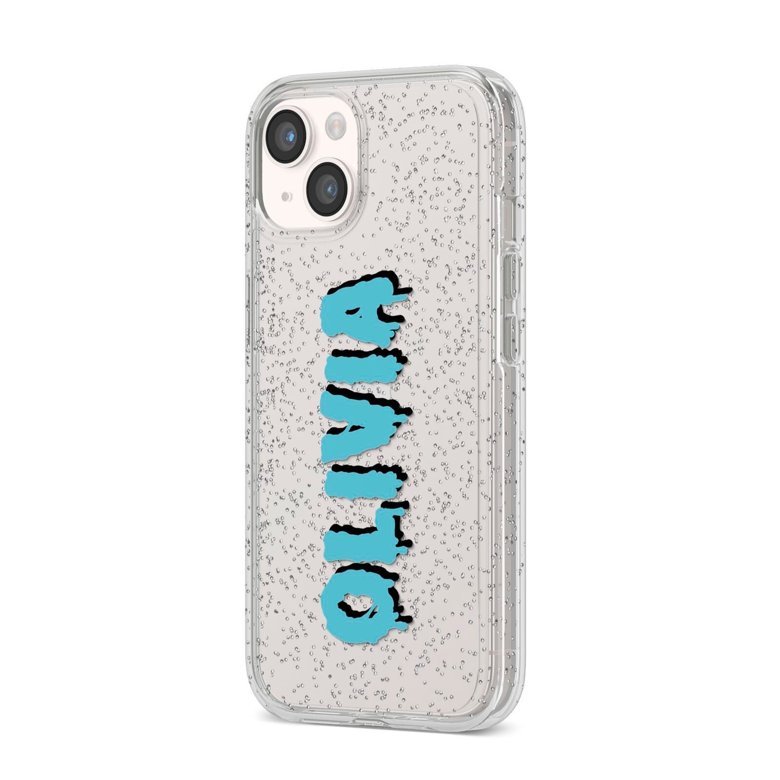 Blue Slime Text iPhone 14 Glitter Tough Case Starlight Angled Image