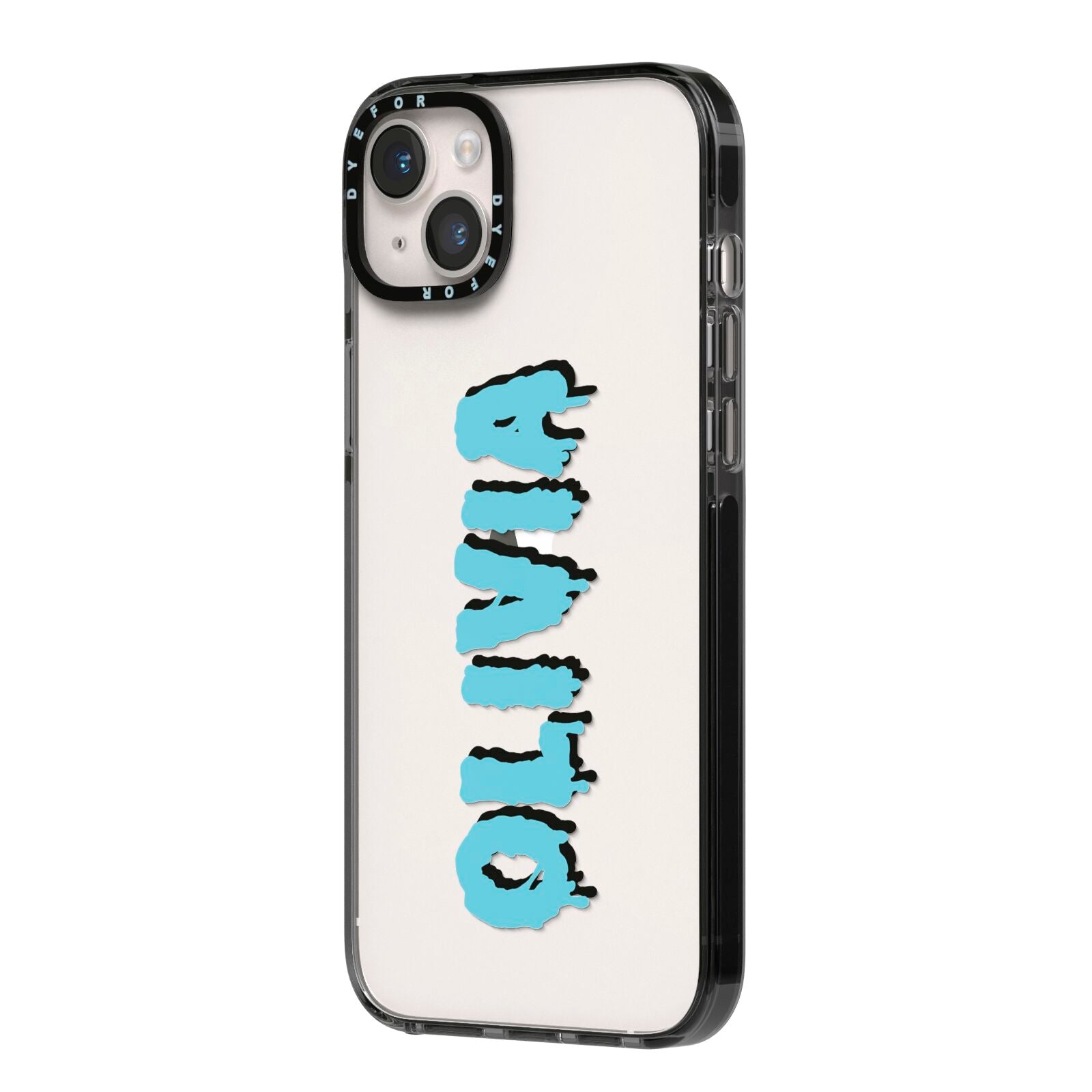 Blue Slime Text iPhone 14 Plus Black Impact Case Side Angle on Silver phone