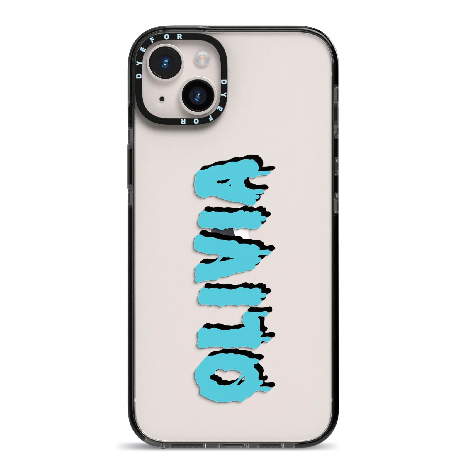 Blue Slime Text iPhone 14 Plus Black Impact Case on Silver phone