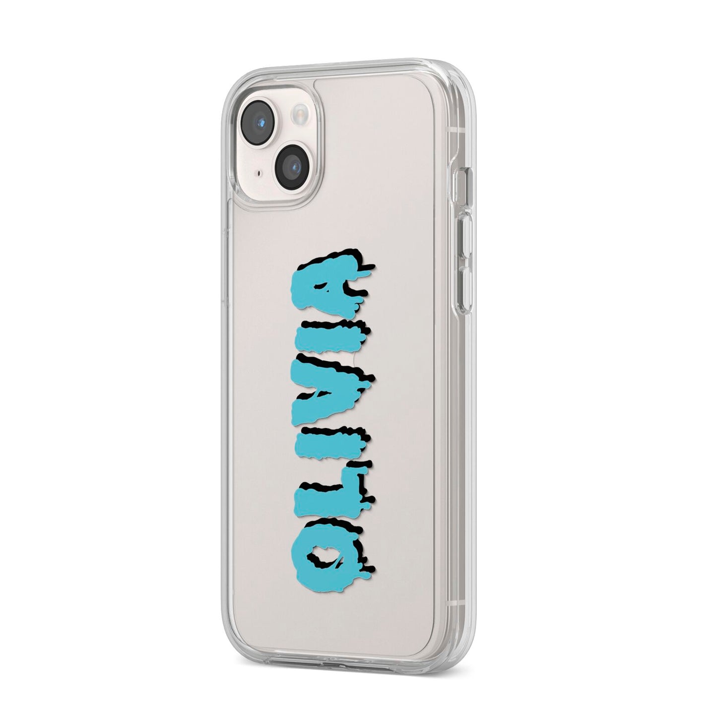 Blue Slime Text iPhone 14 Plus Clear Tough Case Starlight Angled Image