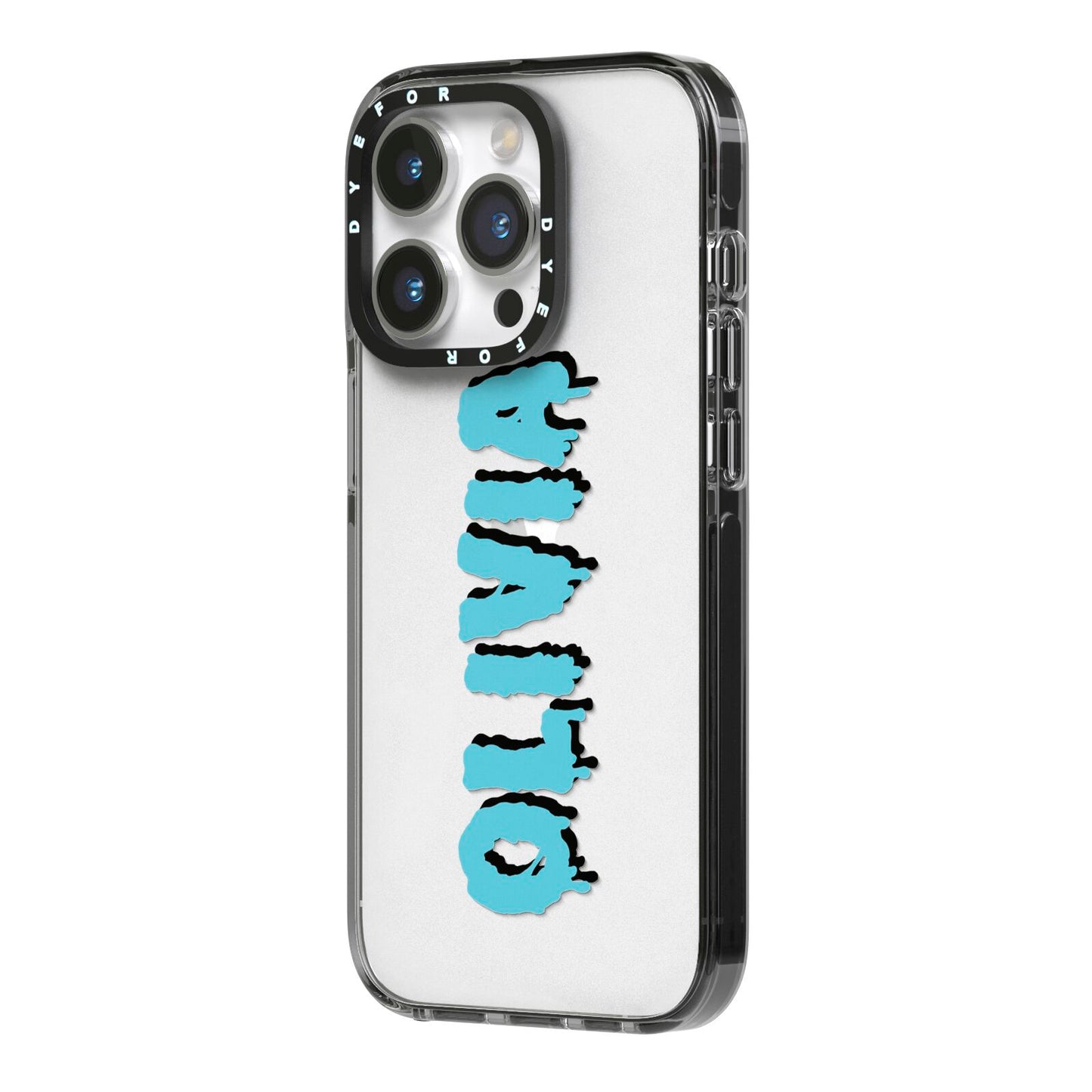 Blue Slime Text iPhone 14 Pro Black Impact Case Side Angle on Silver phone