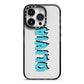 Blue Slime Text iPhone 14 Pro Black Impact Case on Silver phone