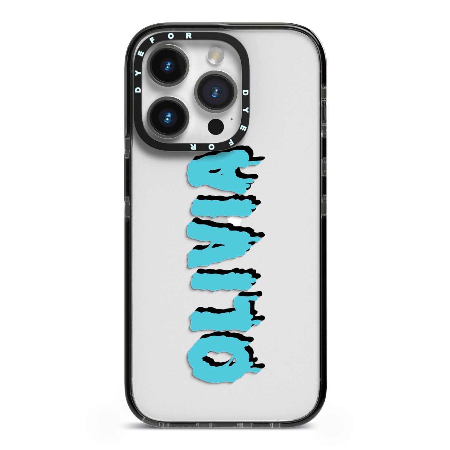 Blue Slime Text iPhone 14 Pro Black Impact Case on Silver phone