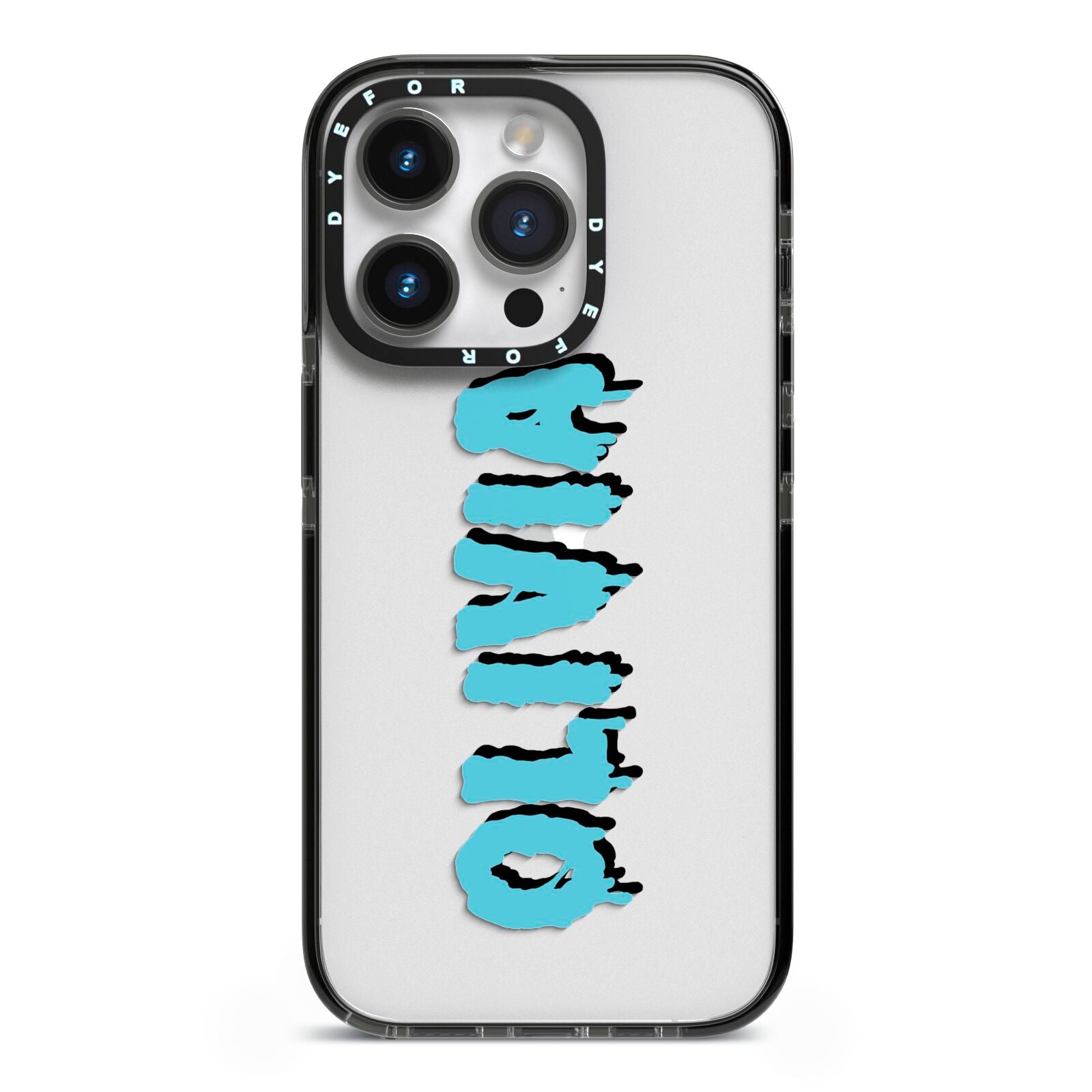 Blue Slime Text iPhone 14 Pro Black Impact Case on Silver phone