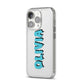 Blue Slime Text iPhone 14 Pro Clear Tough Case Silver Angled Image