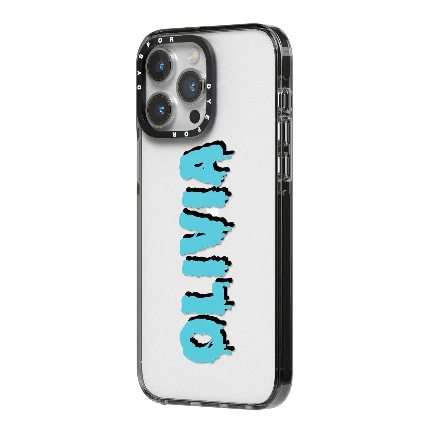 Blue Slime Text iPhone 14 Pro Max Black Impact Case Side Angle on Silver phone